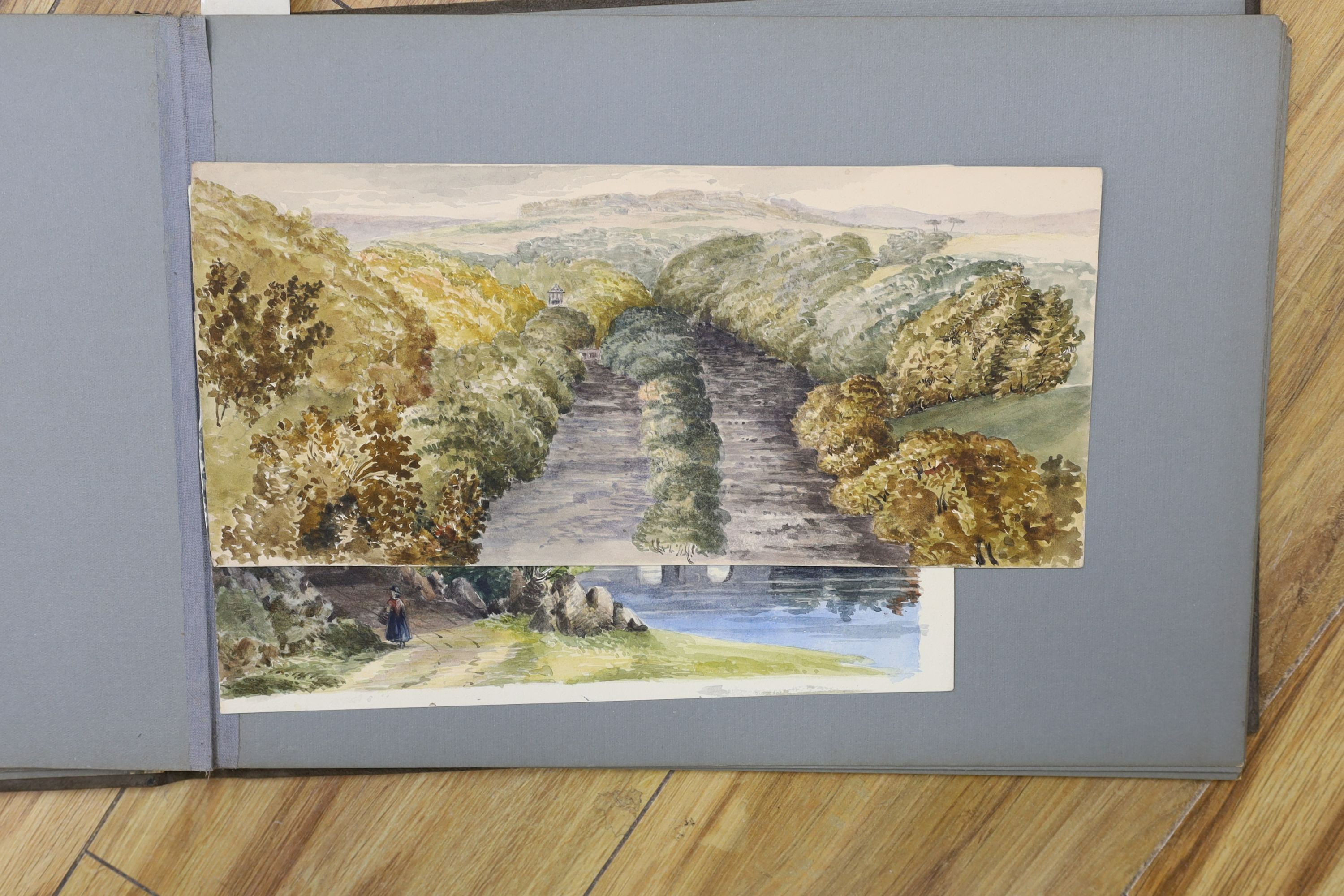 An album of mainly 19th century watercolour landscapes, various artists but including a portrait of an Italian woman monogrammed FG, 33 x 25cm and a Victor Wellersley, North African town scene, 25 x 35cm
